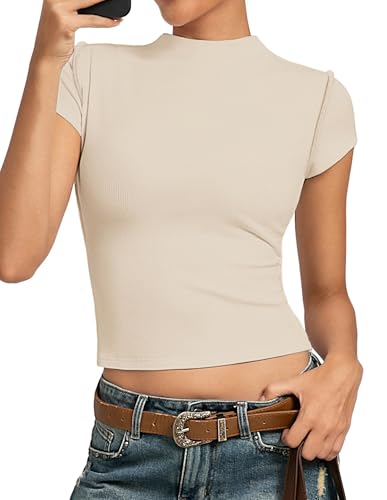 Kate Kasin Tshirt Tops Damen Kurzarm Sommer Rundhals Oberteile Damen Elegant Stretch Casual Basic Tee Beige S