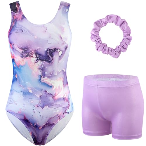 HOZIY Two Piece Gymnastics Sets for Girls Marble Purple 3 Piece Sparkle Biketard Leotard with Shorts Hairband Sleeveless Activewear Unitard Tumbling Size 5-6