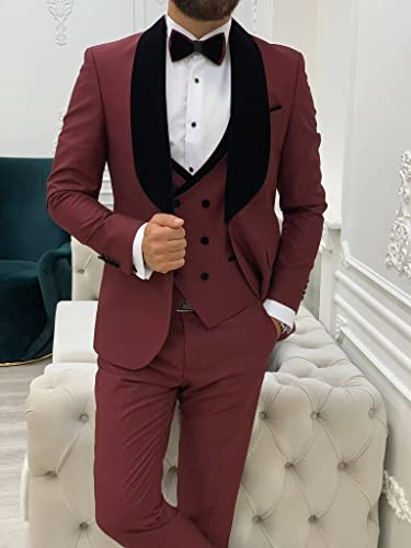 Black Men's Tuxedo Prom Tuxedos Slim Fit 3 Piece Suits With Bow Tie Velvet Shawl Lapel Blazer Jacket Vest Pants For Wedding Groomsmen Xl #TOP1