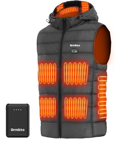 ORRNIKKO [2025 All-New] Heated Vest for Men - 7.4V 16000mAh Battery Pack and Detachable Heated Hood, Mens Heated Vest (US, Alpha, X-Large, Regular, Regular, Dark Grey)