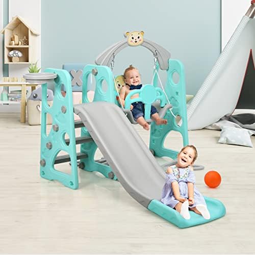 Maxmass 4-in-1 Children Slide & Swing Set, Toddler Playground Playset with Basketball Hoop, Ball and Safety Belt, Indoor Outdoor Kids Play Area for 1-6 Years Old (Green)