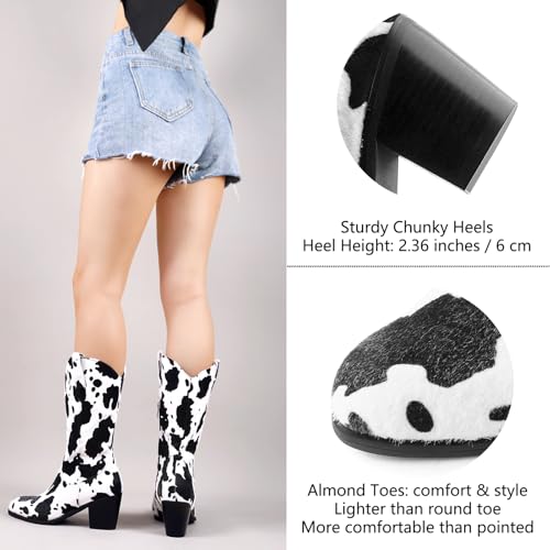 Cozivwaiy Women Mid Calf Cowboy Boots Chunky Heel Half Boot Cow Print Western Boots Plus size (US 4-12.5)3