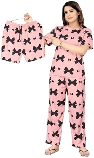 S K_Trading Women Top,Pyjama &amp; Shorts 3Pcs Set Night Suit