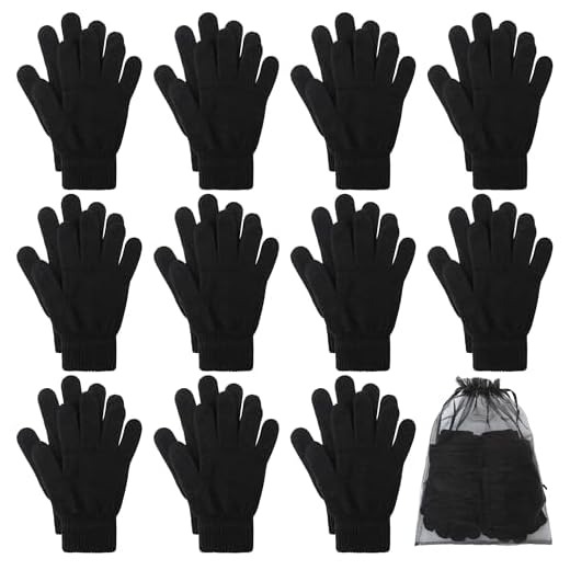 Cooraby 12 Pairs Winter Magic Gloves Stretchy Warm Knit Gloves with Mesh Storage Bag for Men or Women (Black, Length 7.5 inches)