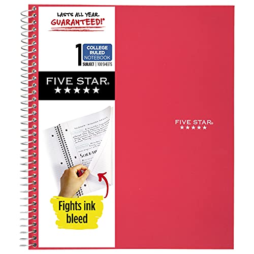 Five Star Spiral Notebook, 1 Subject, College Ruled Paper, 100 Sheets, 11" x 8-1/2", Red (72053) #1