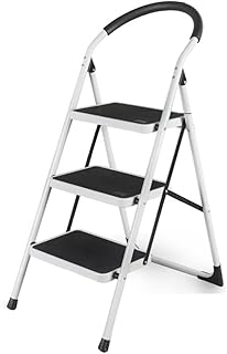 Ladder Step Ladders 3 Step Ladder Stool Folding Stepladders with Sponge Handgrip and Wide Pedal 3.4ft Lightweight Carbon Steel Ladder（White,Red） Portable Step Stool