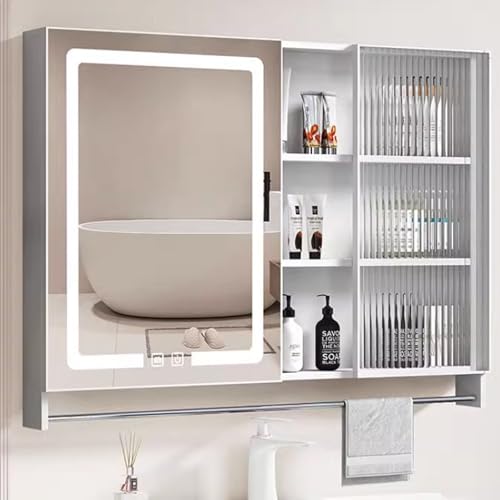 FGXHHS Aluminum LED Medicine Cabinet with Glass Door, Anti-Fog Storage Cabinet, Wall Mounted Vanity Stepless Dimming and Open Rack