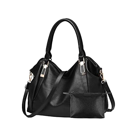 ACNCN Ladies Leather Handbags, Women Tote Messenger Shoulder Crossbody Bag with Small Purse Sets(Black) Cover