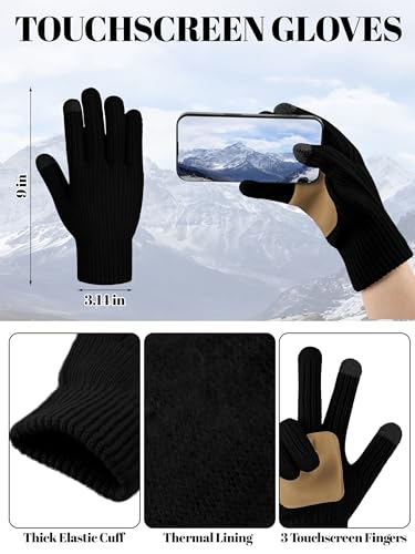 LOROME Women Winter Beanie Hat Scarf Gloves Set, Fleece Knitted Pompom Hat Warm Neck Scarf Touchscreen Gloves Winter Gift4