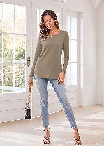Image of Herou Women's Casual Long /Short Sleeve T Shirt Crewneck with Side Split Fall Pullover Loose Tunic Sweater Tops