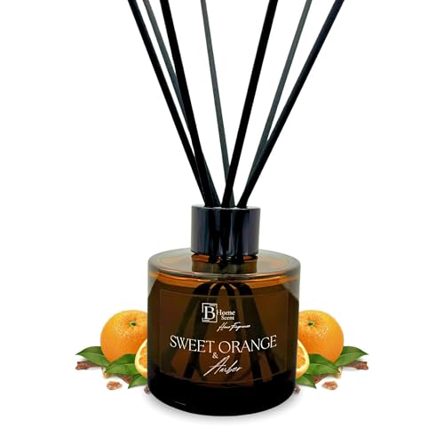 Image of Sweet Orange and Amber Reed Diffuser - Long Lasting Flame Free Home Fragrance, Amber Glass Diffuser with Black Reeds, Hand-Poured in the UK, for Bathroom Bedroom Home & Office Decor, Air Freshener