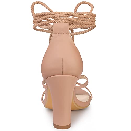 Allegra K Allegra K Women's Flip Flops Lace Up Heels Chunky Heel Nude Thong Sandals 7.5 M US
