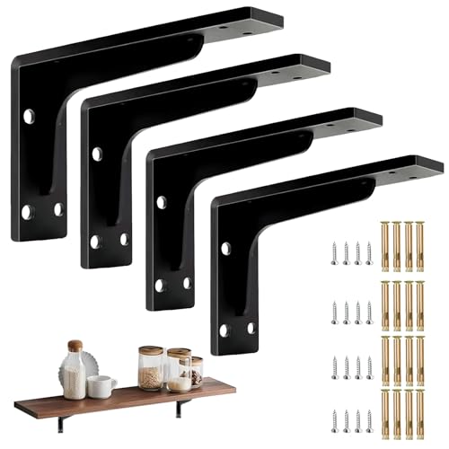 Emapoy 棚受け金具 ブラケット l字金具 4個セット 隠し棚受け 厚さ5mm 超耐荷重200kg サイズ 19/24/29cm 防錆加工 頑丈 壁掛け 見えない デザイン 吊り棚 DIY 棚支え補強 省スペース ビス付 ブラック (19cm) [並行