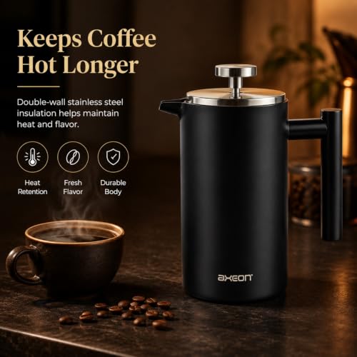 Image of AXEON French Press Coffee Maker - 350ml | 304 Stainless Steel Plunger | 4-Layer Filtration for Grit-Free Brew | Heat Retention, Rust-Free, Portable Coffee Maker for Home, Travel & Office (Black)