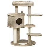 PawHut Árbol Rascador para Gatos Pequeños Altura 94 cm Torre para Gatos con Cama Superior Cueva 3 Escaleras Bolas Colgantes y Postes de Sisal 55x55x94 cm Marrón