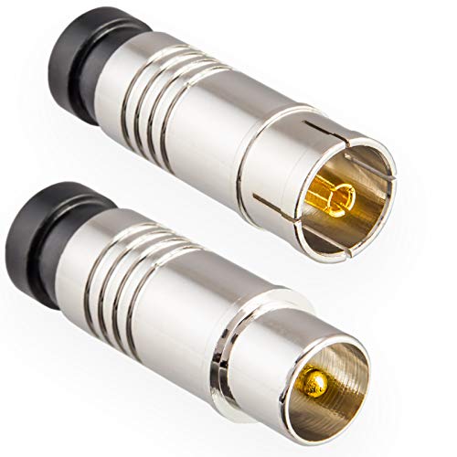 Antennenstecker Set 1x Stecker & 1x Buchse für Kabelfensehen DVB-C Radio DVB-T2 TV Antennen IEC (männlich + weiblich) Kompressionsstecker für Koaxial Antennenkabel Kupplung Kabel BK Anlagen HQ 4K UHD