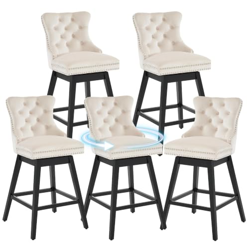 Image of Beige Swivel Bar Stools, Velvet Counter Height Bar Stools Set of 5