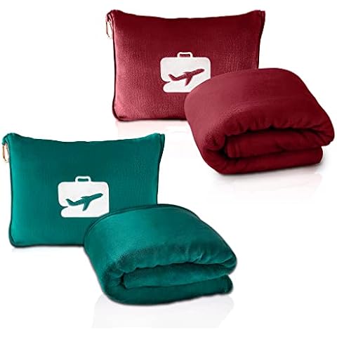 EverSnug Travel Blanket and Pillow Value Pack – Premium Soft & Lightweight | 2 in 1 Compact Blanket for Airplane, Car, Kids and Women | Color Includes Burgundy & Teal Cover