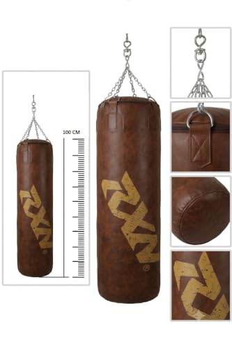 Image of RXN Powerstrike Boxing Punching Bag (Brown, 150 CM) | Synthetic Leather | Pre-Filled | Heavy-Duty Build | 4-Way Chain Included | Boxing, MMA & Kickboxing Training