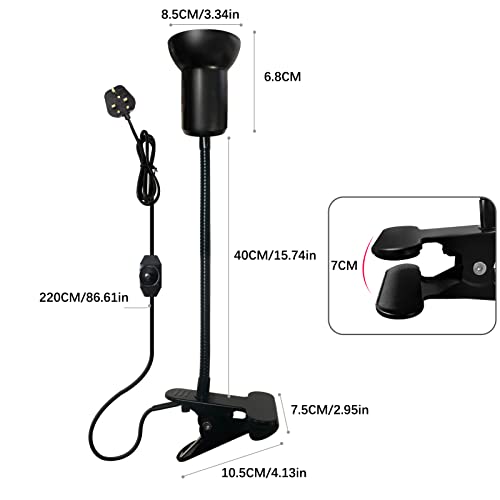 WEEVDRIE E27 Clip Desk Lamp,360° Rotating Ceramic Spotlight,Basking Lamp Reptiles w/ 220CM Cord,E27 Adjustable Turtle Light Holder Flexible Reptile Lamp Fixture Lizards Turtles,Black (R70149.TB) - Image 2