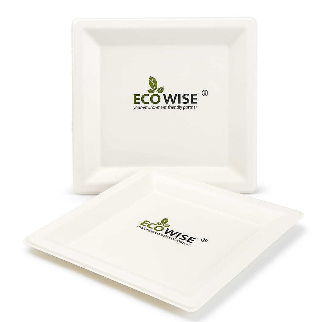 Best House Square Bagasse Sugarcane Plates, Large White Bagasse Plates - 25 Pack - 10 inch - Eco-Friendly, Biodegradable, Recyclable, and Compostable Tableware for Picnics, BBQs and Parties