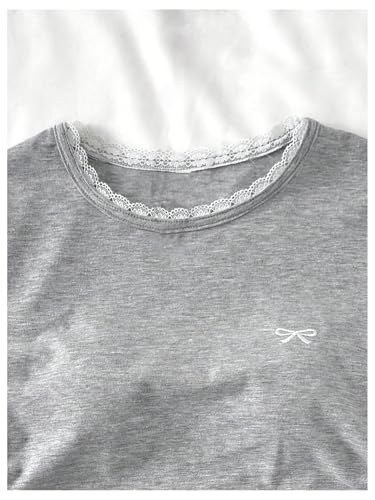 Verdusa Girl's Lace Bow Crop T Shirts Slim Fit Ruched Going Out Tops Coquette Clothes3