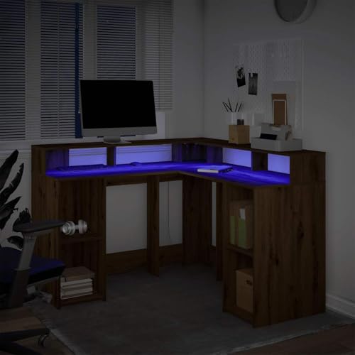 Bureau d'angle compact en chêne pour optimiser l'espace avec LED RVB