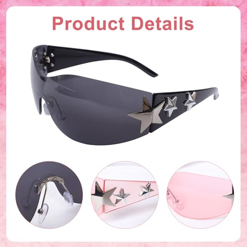 2 Pairs Fashion Y2k Sunglasses Star Sunglasses Oversized Frameless Black and Pink Glasses for Women Men Driving Shopping Riding Street Photography3