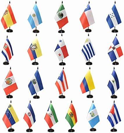 Lebei 21 Spanish Language Speaking Countries Desk Flags Small Mini Stick Flags for Classroom Latin American Latino Table Flags Come with Black Base 5x8 Inch