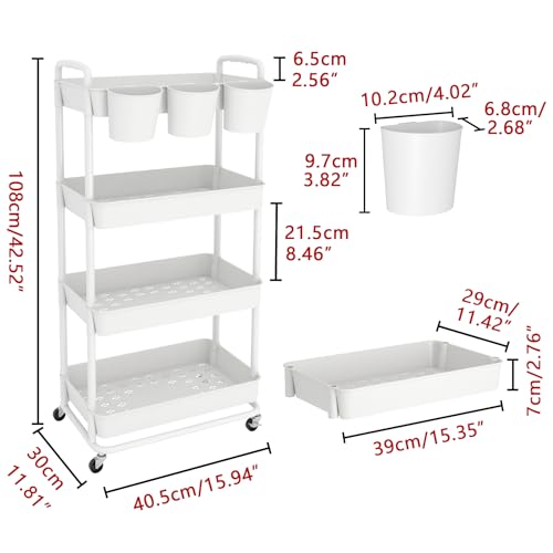 JIUYOTREE Carrito de Almacenamiento de plástico de 4 Niveles con Asas para Colgar adicionales, Ruedas bloqueables para Sala de Estar, baño, Cocina, Oficina, Color Blanco - imagen 2