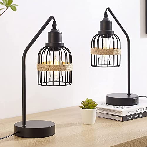 Akasuki Industrial Table Lamp Set Of 2, Vintage Black Bedside Lamp With Dual Usb Charging Ports, 3-Way Dimmable Touch Control Farmhouse Nightstand Lamps With Metal Cage Shade(Led Bulbs Included) #TOP22