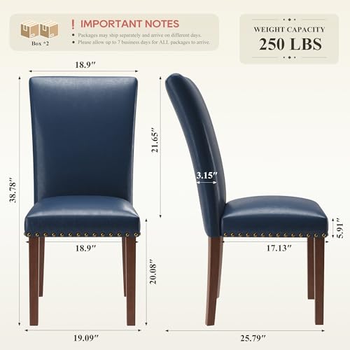 Image of COLAMY Upholstered Parsons Dining Chairs Set of 4, PU Leather Dining Room Kitchen Side Chair with Nailhead Trim and Wood Legs - Blue