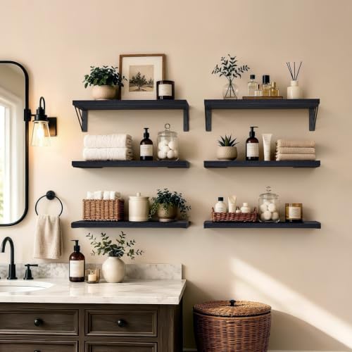Image of BAYKA Wall Mounted Floating Bathroom Shelves, Black, 6-Set, Same Size | Wood Wall Shelf for Bathroom Essentials & Decor, Space-Saving Display & Organizer