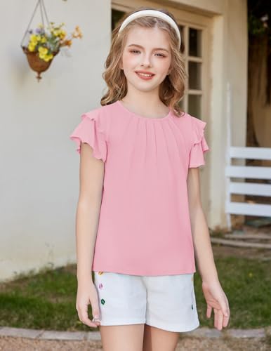Image of Arshiner Girls T Shirts Ruffle Short Sleeve Summer Pleated Crewneck Casual Tops Tees Blouses