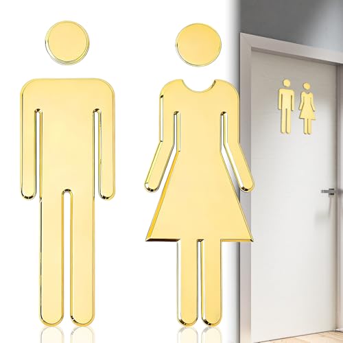 Restroom Door Sign for Men & Women – Gold Acrylic Mirror Toilet Sign – Adhesive WC Bathroom Signs for Hotels Restaurants Shopping Malls Bars Public Restrooms – 1 Pair