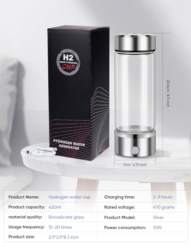 Pro Hydrogen Water Bottle - Portable Rechargeable Hydrogen Water Ionizer Machine Generator Rich Hydrogen Water Glass Health Cup for Home Travel Office Exercise Gifts for Him Her (Silver)