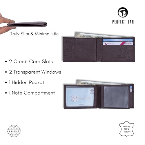 Image of Men's Genuine Leather Slim Wallet | 2 Card Slots, 1 Note Compartment, 1 Hidden Pocket, 2 ID Windows | Slim Leather Wallet for Men | Daily Use Money Purse (Brown)