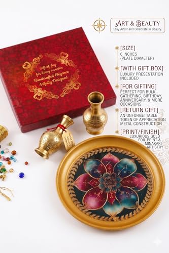 Image of R Ayurveda Copper Metal Set of 4 Ornate Dessert Serving Plates - 6 Inch Decorative Enamel & Gold Foiled Finish Trays - Perfect for Indian Sweets, Macarons, Festivals & Family Parties