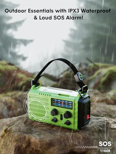 Weather Radio Raynic 5000 Radio solar de emergencia con manivela de mano de 5 vías alimentada AM/FM/SW/NOAA, radio portátil con linterna, lámpara de lectura (verde)