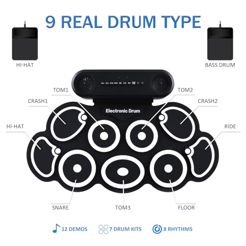9-Pad Electronic Drum Set with Speaker & Pedals, Black (Xmas & Birthday Gift)