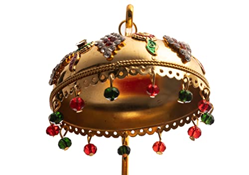 Image of Metal Chhatra Umbrella with Hanging Crystals - Decorative Chatri Aasan for God Idol, Home Temple, Car Dashboard, Office Desk, or Table Showpiece (M 66)