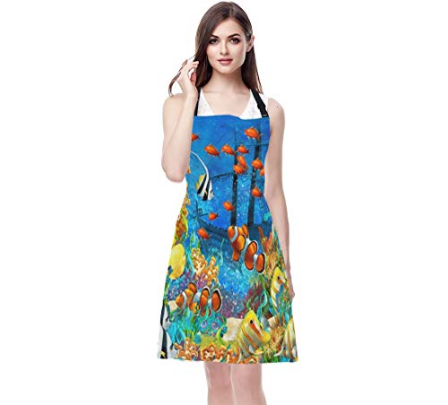 Ekobla FBA-APRONBYW-A03 Fish Aprons Painting Undersea Coral Reef Bubbles Colorful Dive Exploration Ocean Waterproof Resistant Chef Cooking Kitchen Bbq Adjustable Aprons thumb #1