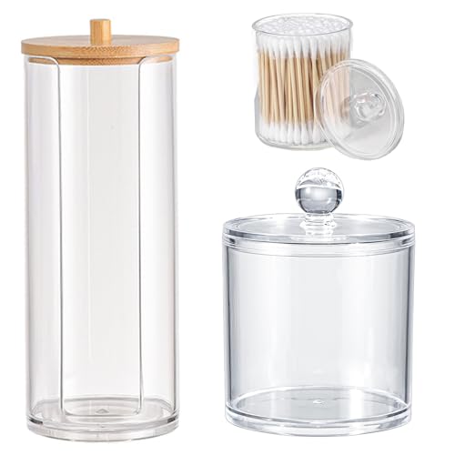 Doukesh 2 Pack Cotton Bud Holder Cotton Pad Holder with Lids Dispenser for Swab, Round Pads, Floss Plastic Jars Vanity Makeup Organizer