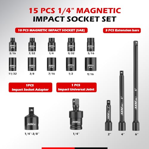Image of 1 /4 Inch Drive Magnetic Impact Socket Set, 15-Piece SAE, 1 /4 Inch-9 /16 Inch, 6 Point, Cr-Mo, Square Drive, Magnetic Socket with Impact Socket Adapter, Universal Joint & Extension