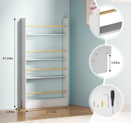 Image of 4 Tier Behind The Door Bookshelf, Space Saving Behind The Door Bookcase Wooden Kids Book Shelf for Bedroom Living Room Study White (120 * 70cm)