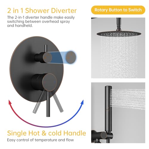 Image of BESy Shower System with 10 Inch Round Rain Shower Head and Handheld Wall Mounted, High Pressure Rainfall Shower Faucet Fixture Combo Set with 2 in 1 Handheld Showerhead for Bathroom, Bronze