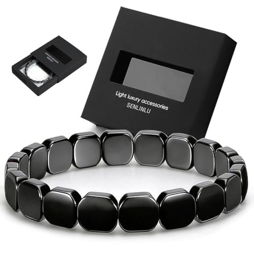 Image of Korvos Hematite Bracelet for Men Women, Black Polished Flat Bead Stretch Bracelet, Grounding & Balancing Crystal Stone Jewellery, Adjustable Elastic Wristband for Daily Wear, Gift Box Included
