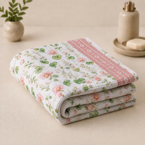 Image of Pure Cotton Printed Waffle Towel | Lightweight | Antimicrobial and Water Absorbent | Soft Touch Quick-Drying Bath Towel (Lotus Serene, Pack of 1)