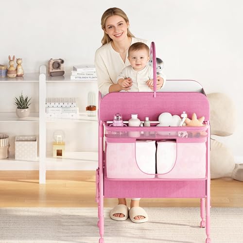 Table à langer anti mal de dos réglable pliable rose pour bébé - 6