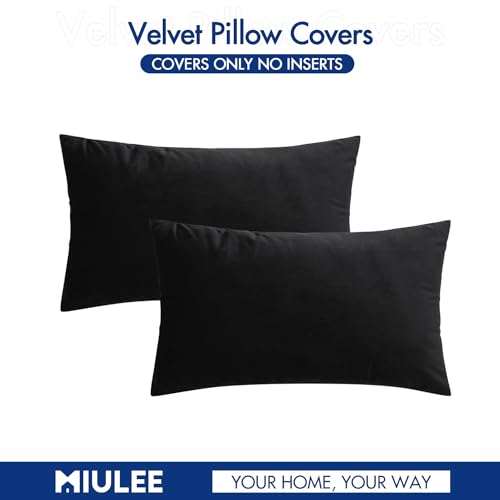 Image of MIULEE Velvet Throw Pillow Covers 12x20 Inch, Pack of 2 - Black, Soft Solid Lumbar Decorative Pillow Covers Modern Luxury Home Decor for Chair Couch Sofa Bedroom Livingroom